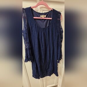 Indigo Thread Co Women's Chic Navy Blue Dress with Lace Sleeves ~ Size Medium
